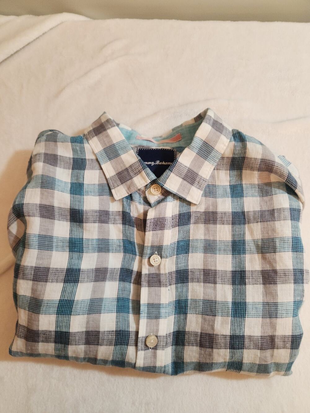 Tommy Bahama 100% Linen Shirt Mens XL Blue Plaid Long Sleeve Boho